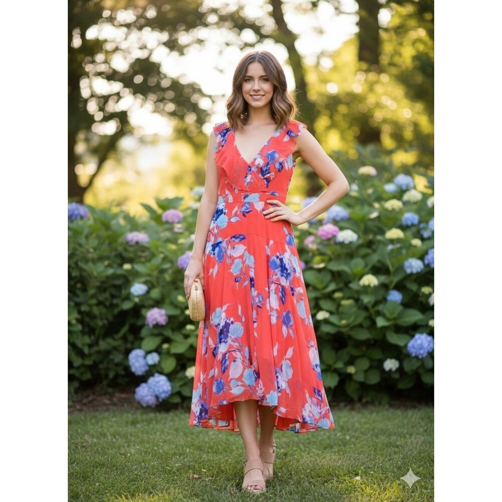 Floral Print Shark Bite Hem Midi Dress 10